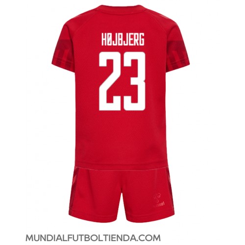 Camiseta Dinamarca Pierre-Emile Hojbjerg #23 Primera Equipación Replica Mundial 2022 para niños mangas cortas (+ Pantalones cortos)